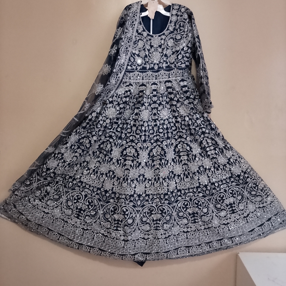 Elegant Navy Blue and Silver Embroidered Dress Used Once Perfect Condition
